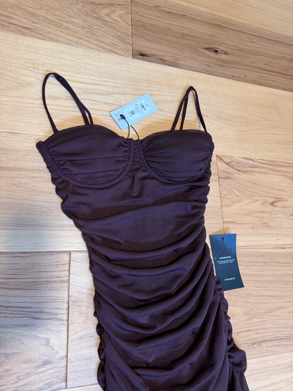 NWT Dynamite Ruched Spaghetti-Strap Midi Dress in Dark Brown - Picture 5 of 7